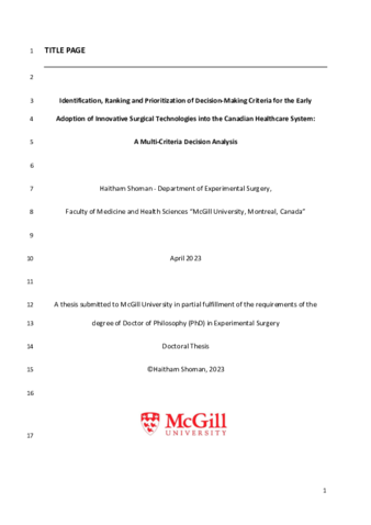 Identification, Ranking and Prioritization of Decision-Making Criteria for the Early Adoption of Innovative Surgical Technologies into the Canadian Healthcare System:  A Multi-Criteria Decision Analysis thumbnail