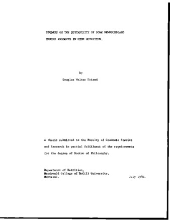 Studies on the suitability of some Newfoundland marine products in mink nutrition. thumbnail