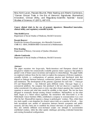 Cancer Clinical Trials in the Era of Genomic Signatures: Biomedical Innovation, Clinical Utility, and Regulatory-Scientific Hybrids thumbnail