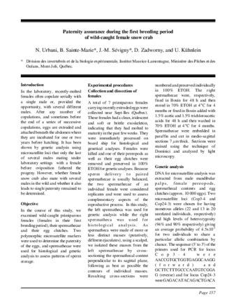 Paternity assurance during the first breeding period of wild-caught female snow crab thumbnail