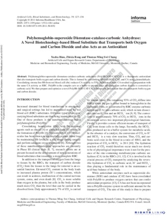 Polyhemoglobin-superoxide Dismutase-catalase-carbonic Anhydrase:A Novel Biotechnology-based Blood Substitute that Transports both Oxygenand Carbon Dioxide and also Acts as an Antioxidant thumbnail