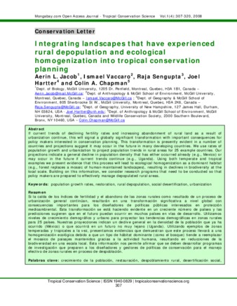 Integrating Landscapes that have Experienced Rural Depopulation and Ecological Homogenization into Tropical Conservation Planning thumbnail