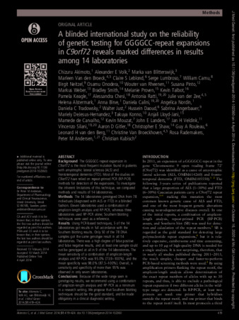 A blinded international study on the reliability of genetic testing for GGGGCC-repeat expansions in C9orf72 reveals marked differences in results among 14 laboratories thumbnail