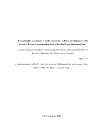Evaluating the associations of cardio-metabolic conditions and depression with cognitive decline: Longitudinal analysis of the Health and Retirement Study thumbnail