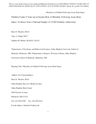 Children under 4 years are at greater risk of mortality following acute burn injury: evidence from a national sample of 12,902 pediatric admissions thumbnail