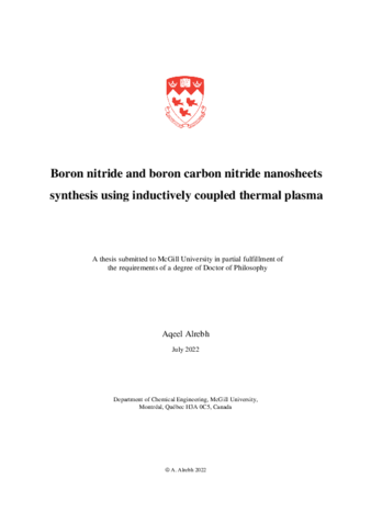 Boron nitride and boron carbon nitride nanosheets synthesis using inductively coupled thermal plasma thumbnail