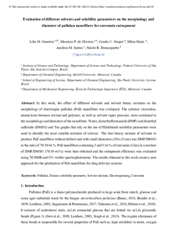 Evaluation of different solvents and solubility parameters on the morphology and diameter of electrospun pullulan nanofibers for curcumin entrapment thumbnail