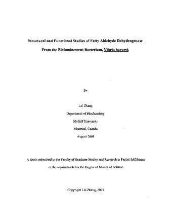 Structural and functional studies of fatty aldehyde dehydrogenase from the bioluminescent bacterium, Vibrio harveyi thumbnail