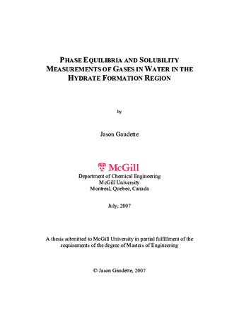 Phase equilibria and solubility measurements of gases in water in the hydrate formation region thumbnail