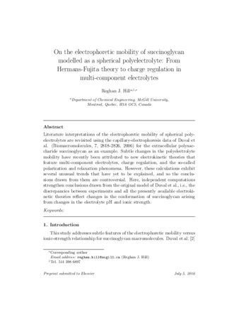 On the electrophoretic mobility of succinoglycan modelled as a spherical polyelectrolyte: From Hermans-Fujita theory to charge regulation in multi-component electrolytes thumbnail