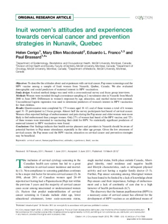 Inuit women’s attitudes and experiences towards cervical cancer and prevention strategies in Nunavik, Quebec thumbnail