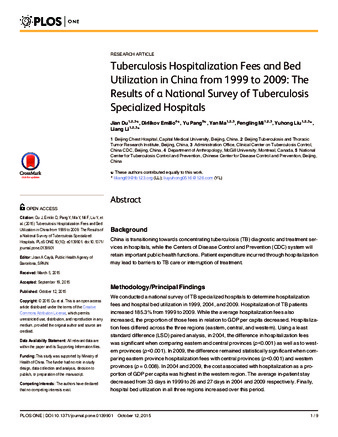 Tuberculosis Hospitalization Fees and Bed Utilization in China from 1999 to 2009: The Results of a National Survey of Tuberculosis Specialized Hospitals thumbnail