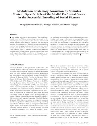 Modulation of Memory Formation by Stimulus Content: Specific Role of the Medial Prefrontal Cortex in the Successful Encoding of Social Pictures thumbnail