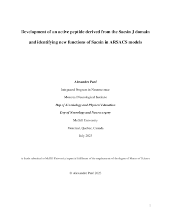 Development of an active peptide derived from the Sacsin J domain and identifying new functions of Sacsin in ARSACS models thumbnail