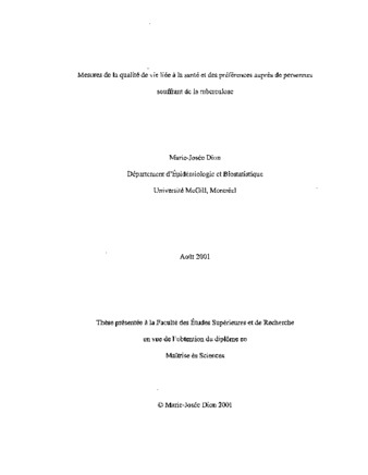 Mesures de la qualite de vie lie e a la sante et des preferences aupres de personnes souffrant de la tuberculose thumbnail