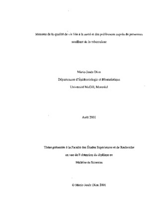 Mesures de la qualite de vie lie e a la sante et des preferences aupres de personnes souffrant de la tuberculose thumbnail