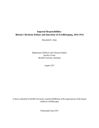 Imperial responsibilities: Britain's destitute Indians and questions of (un)belonging, 1834-1914 thumbnail