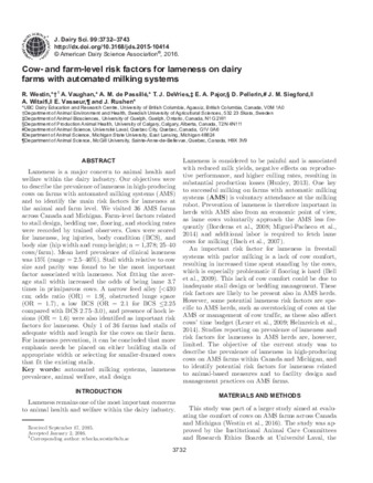 Cow- and farm-level risk factors for lameness on dairy farms with automated milking systems thumbnail