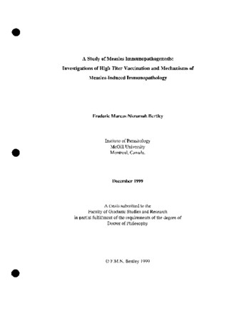 A Study of measles immunopathogenesis: investigations of high titer vaccination and mecahnisms of measles-induced immunopathology thumbnail