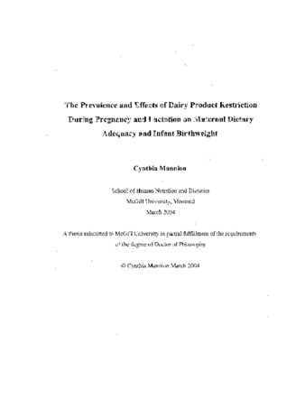 The prevalence and effects of dairy product restriction during pregnancy and lactation on maternal dietary adequacy and infant birthweight / thumbnail