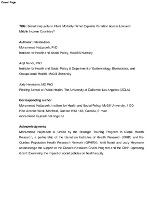 Social Inequality in Infant Mortality: What Explains Variation Across Low and Middle Income Countries? thumbnail
