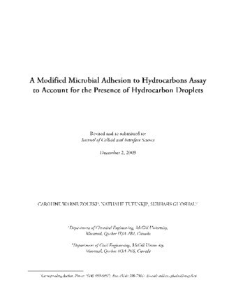 A modified microbial adhesion to hydrocarbons assay to account for the presence of hydrocarbon droplets thumbnail