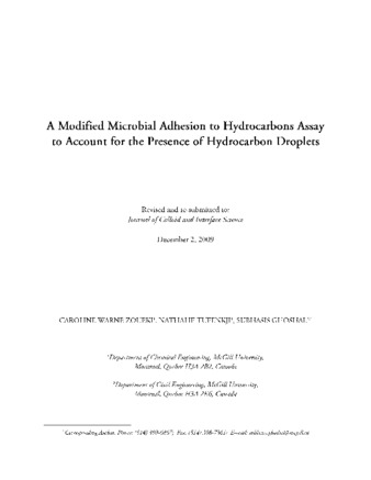 A modified microbial adhesion to hydrocarbons assay to account for the presence of hydrocarbon droplets thumbnail