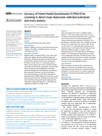 Accuracy of Patient Health Questionnaire-9 (PHQ-9) for screening to detect major depression: individual participant data meta-analysis thumbnail