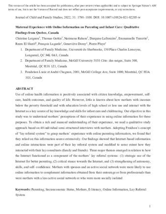 Maternal Experience with Online Information on Parenting and Infant Care: Qualitative Findings from Quebec, Canada thumbnail