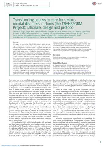 Transforming access to care for serious mental disorders in slums (the TRANSFORM Project): rationale, design and protocol thumbnail