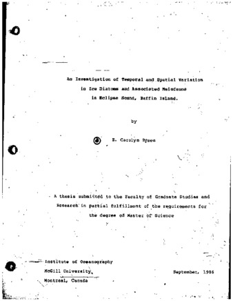 An investigation of temporal and spatial variation in ice diatoms and associated meiofauna in Eclipse Sound, Baffin Island / thumbnail