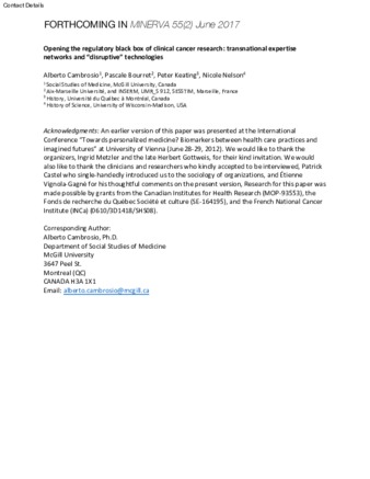 Opening the regulatory black box of clinical cancer research: transnational expertise networks and “disruptive” technologies thumbnail