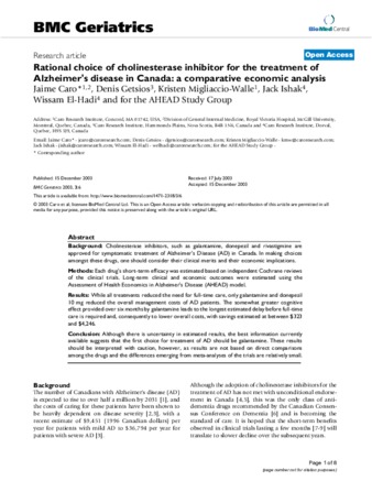 Rational choice of cholinesterase inhibitor for the treatment of Alzheimer's disease in Canada: a comparative economic analysis thumbnail