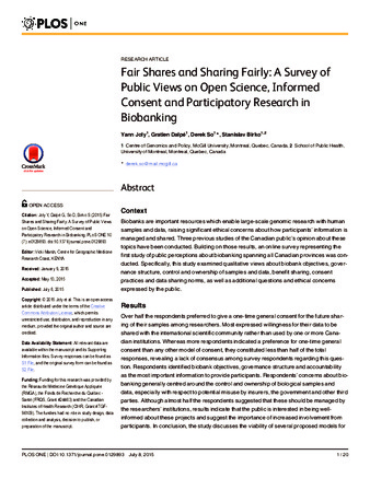 Fair Shares and Sharing Fairly: A Survey of Public Views on Open Science, Informed Consent and Participatory Research in Biobanking thumbnail