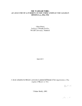The Wahhabi tribe : an analysis authority in the unification of the arabian peninsula, 1902-1932 thumbnail