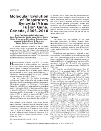 Molecular Evolution of Respiratory Syncytial Virus Fusion Gene, Canada, 2006–2010 thumbnail