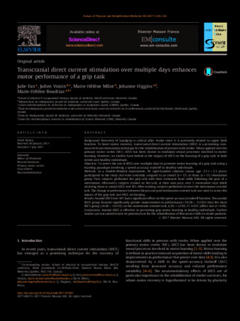 Transcranial direct current stimulation over multiple days enhances motor performance of a grip task thumbnail