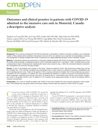 Outcomes and clinical practice in patients with COVID-19 admitted to the intensive care unit in Montréal, Canada: a descriptive analysis thumbnail