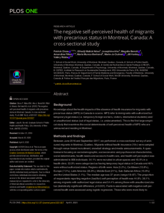 The negative self-perceived health of migrants with precarious status in Montreal, Canada: A cross-sectional study thumbnail