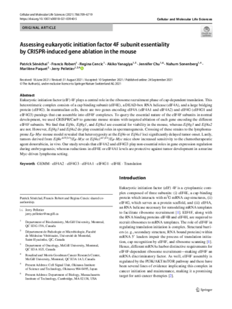 Assessing eukaryotic initiation factor 4F subunit essentiality by CRISPR-induced gene ablation in the mouse thumbnail