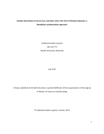 Genetic biomarkers of serum iron, and their role in the risk of infectious diseases: a Mendelian randomization approach thumbnail