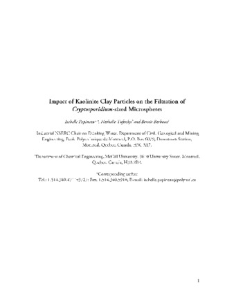 Impact of kaolinite clay particles on the filtration of Cryptosporidium-sized microspheres thumbnail