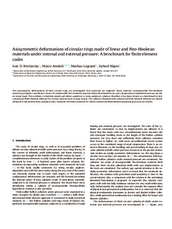 Axisymmetric deformations of circular rings made of linear and Neo-Hookean materials under internal and external pressure: A benchmark for finite element codes thumbnail