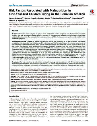 Risk Factors Associated with Malnutrition in One-Year-Old Children Living in the Peruvian Amazon thumbnail