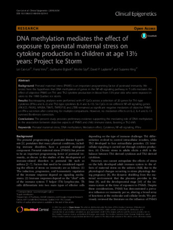 DNA methylation mediates the effect of exposure to prenatal maternal stress on cytokine production in children at age 13½ years: Project Ice Storm thumbnail