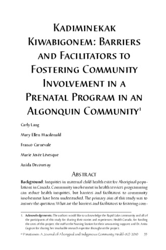 Kadiminekak Kiwabigonem: Barriers and Facilitators to Fostering Community Involvement in a Prenatal Program in an Algonquin Community thumbnail