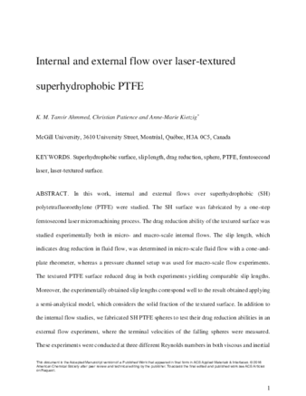 Internal and external flow over laser-textured  superhydrophobic polytetrafluoroethylene (PTFE) thumbnail