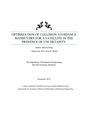 Optimization of collision avoidance maneuvers for a satellite in the presence of uncertainty thumbnail