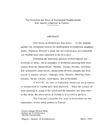 The structure and form of residential neighborhoods with special reference to Taiwan. thumbnail