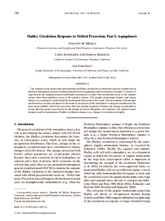 Hadley circulation response to orbital precession. Part I: Aquaplanets thumbnail